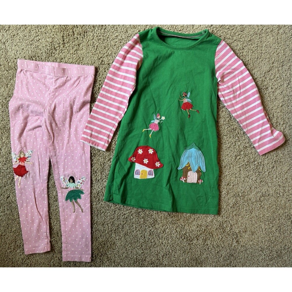 Mini Boden Girls Fairy 2-Piece Dress Set w/ Leggings Green Pink Polka Dot 6Y